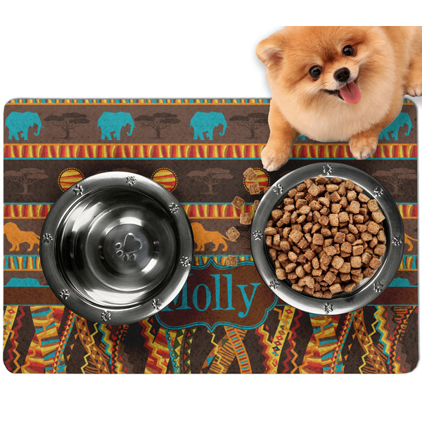 Custom African Lions & Elephants Dog Food Mat - Small w/ Name or Text