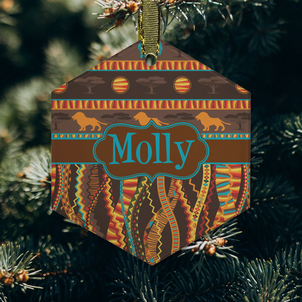 African Lions & Elephants Frosted Glass Ornament - Hexagon (Lifestyle)