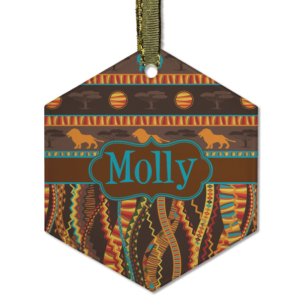 Custom African Lions & Elephants Flat Glass Ornament - Hexagon w/ Name or Text