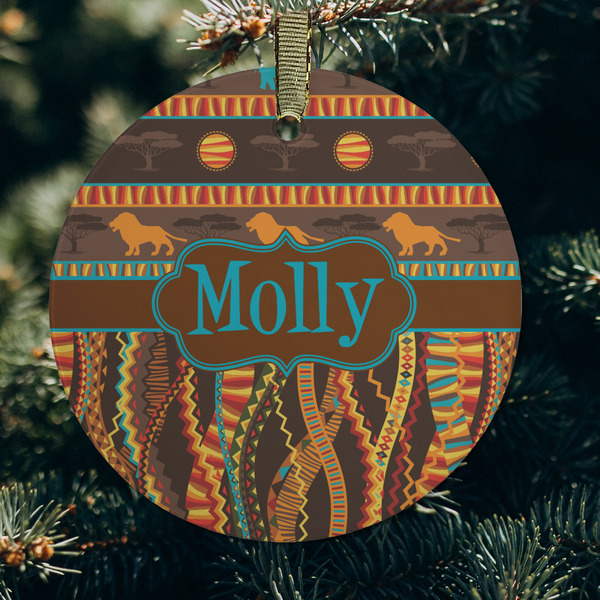 African Lions & Elephants Frosted Glass Ornament - Round (Lifestyle)