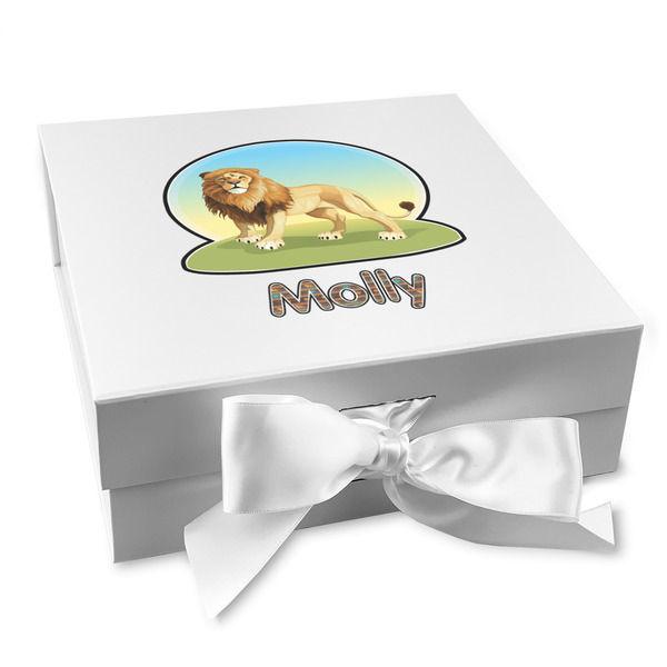 Custom African Lions & Elephants Gift Box with Magnetic Lid - White (Personalized)