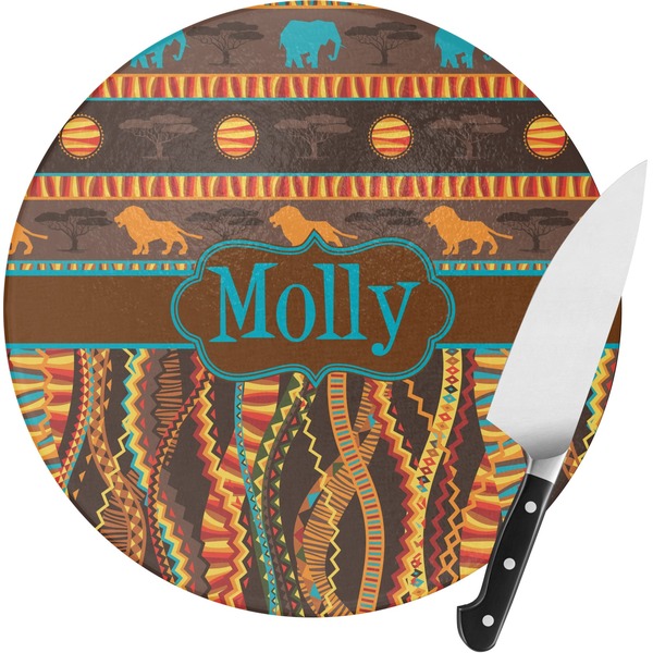 Custom African Lions & Elephants Round Glass Cutting Board - Medium (Personalized)