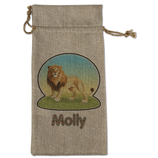 Custom African Lions & Elephants Large Burlap Gift Bag - Front (Personalized)