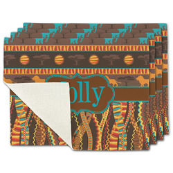 African Lions & Elephants Single-Sided Linen Placemat - Set of 4 w/ Name or Text
