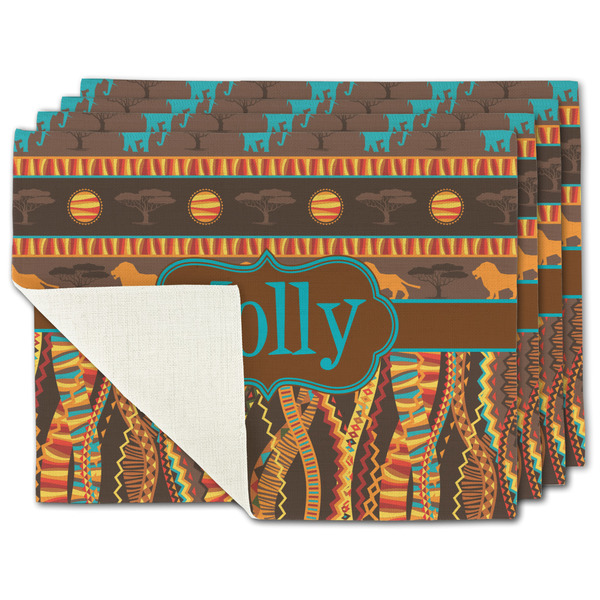 Custom African Lions & Elephants Single-Sided Linen Placemat - Set of 4 w/ Name or Text