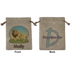 African Lions & Elephants Medium Burlap Gift Bag - Front & Back (Personalized)