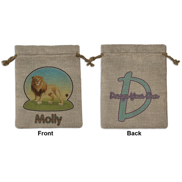Custom African Lions & Elephants Medium Burlap Gift Bag - Front & Back (Personalized)
