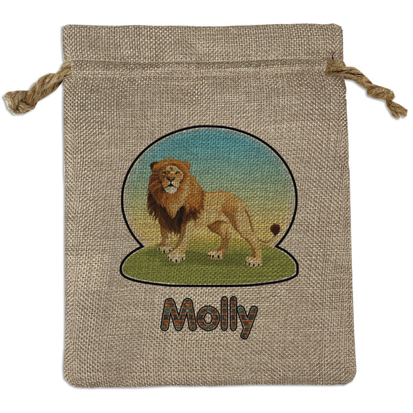 Custom African Lions & Elephants Medium Burlap Gift Bag - Front (Personalized)