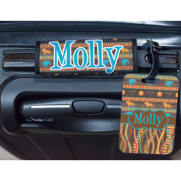 African Lions & Elephants Metal Luggage Tag & Handle Wrap - In Context