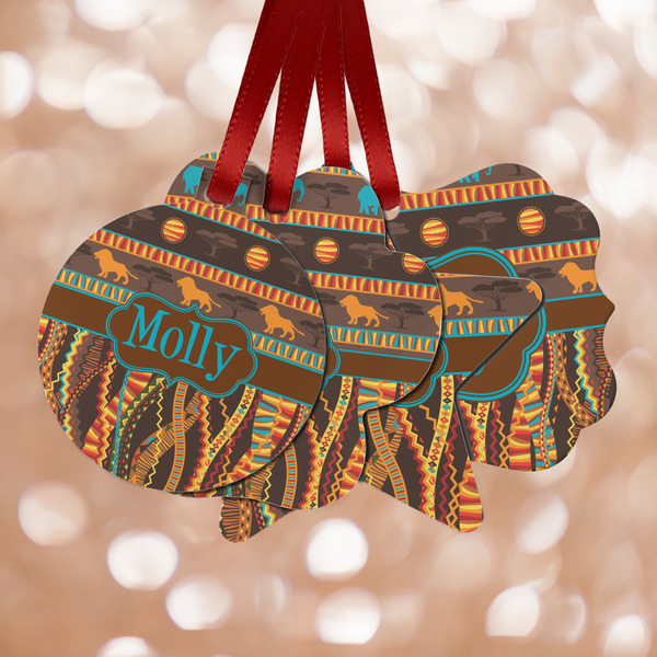 Custom African Lions & Elephants Metal Ornaments - Double Sided w/ Name or Text