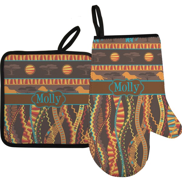 Custom African Lions & Elephants Oven Mitt & Pot Holder Set w/ Name or Text