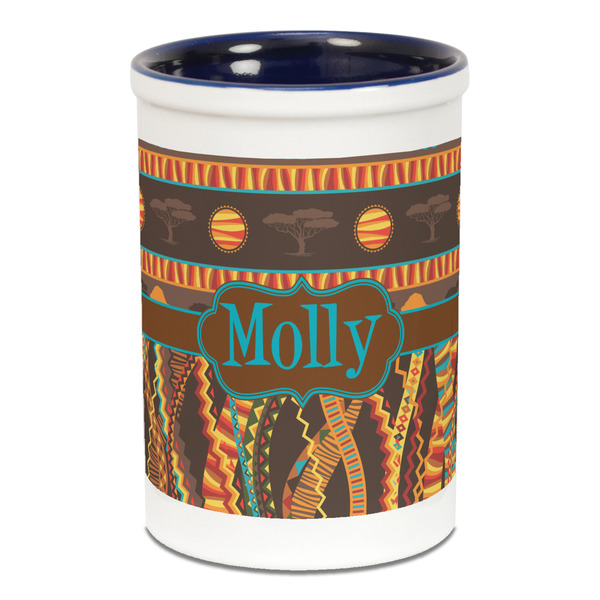 Custom African Lions & Elephants Ceramic Pencil Holders - Blue