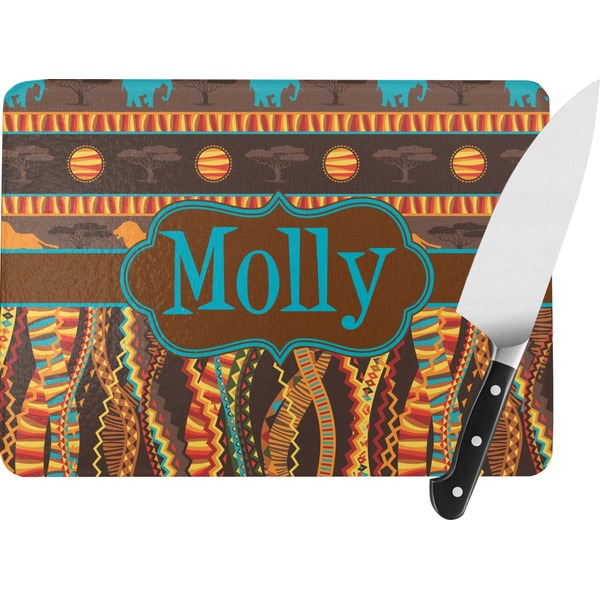Custom African Lions & Elephants Rectangular Glass Cutting Board - Large - 15.25"x11.25" w/ Name or Text