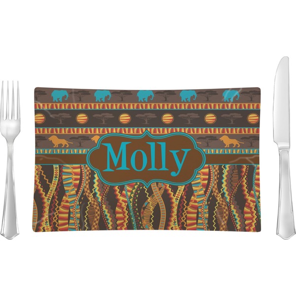 Custom African Lions & Elephants Rectangular Glass Lunch / Dinner Plate - Single or Set (Personalized)
