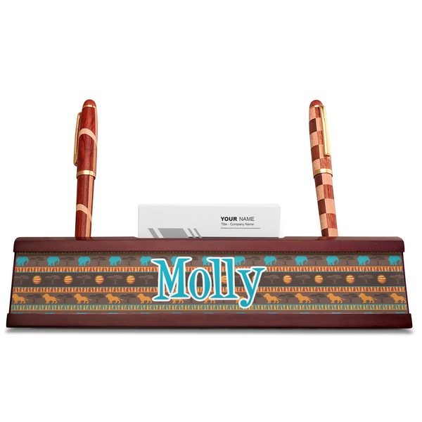 African Lions & Elephants Red Mahogany Nameplates with Business Card Holder - Straight