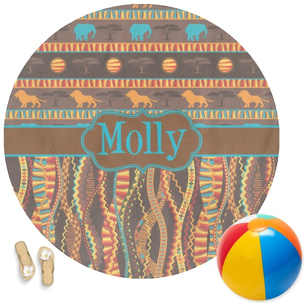 Custom African Lions & Elephants Round Beach Towel (Personalized)