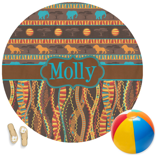 Custom African Lions & Elephants Round Beach Towel (Personalized)