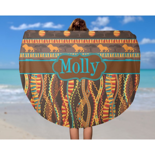 African Lions & Elephants Round Beach Towel - In Use