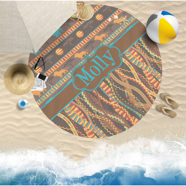 African Lions & Elephants Round Beach Towel Lifestyle