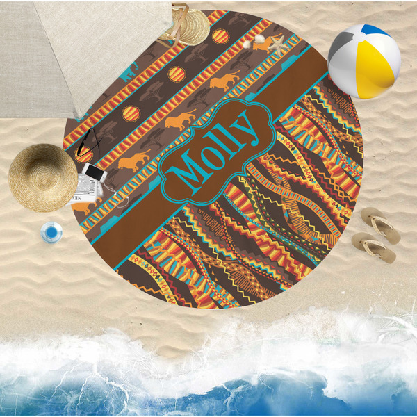 African Lions & Elephants Round Beach Towel Lifestyle