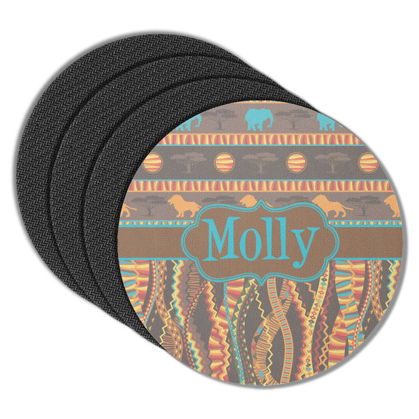 Custom African Lions & Elephants Round Rubber Backed Coasters - Set of 4 (Personalized)