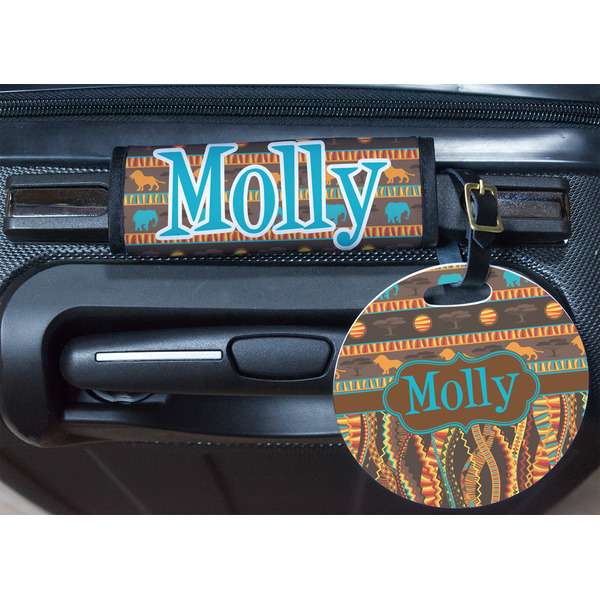 African Lions & Elephants Round Luggage Tag & Handle Wrap - In Context