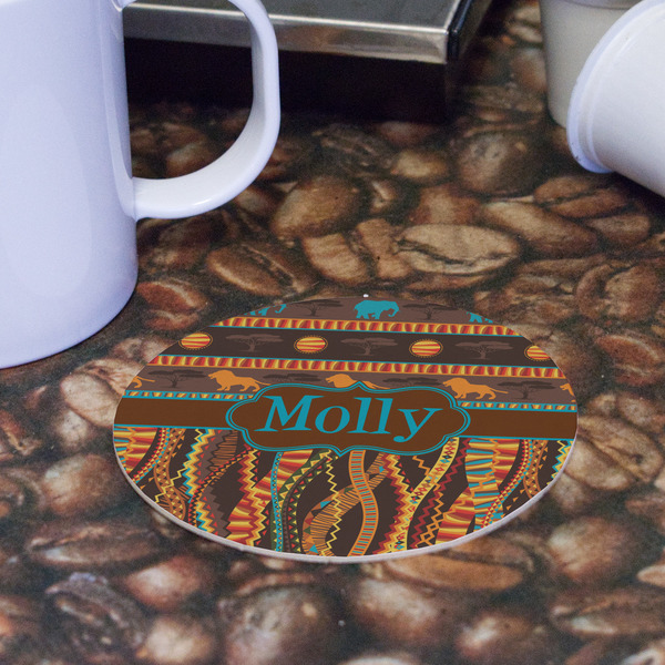 African Lions & Elephants Round Paper Coaster - Front