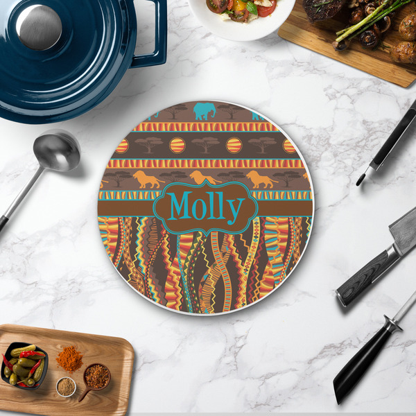 African Lions & Elephants Round Stone Trivet - In Context View