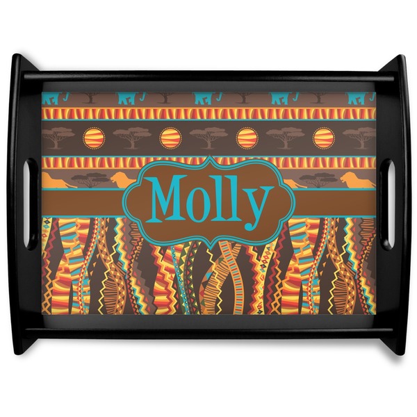 Custom African Lions & Elephants Black Wooden Tray - Large (Personalized)
