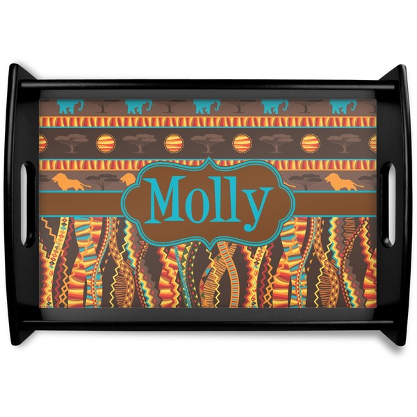 Custom African Lions & Elephants Black Wooden Tray - Small (Personalized)