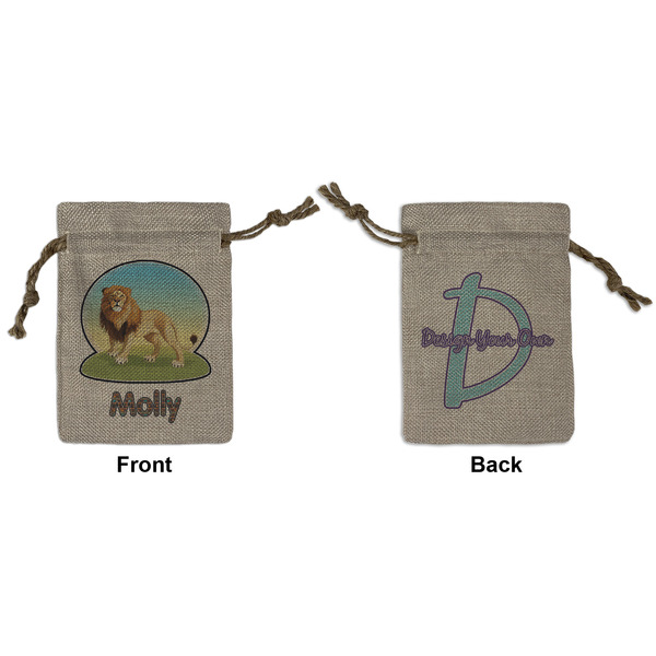 Custom African Lions & Elephants Small Burlap Gift Bag - Front & Back (Personalized)