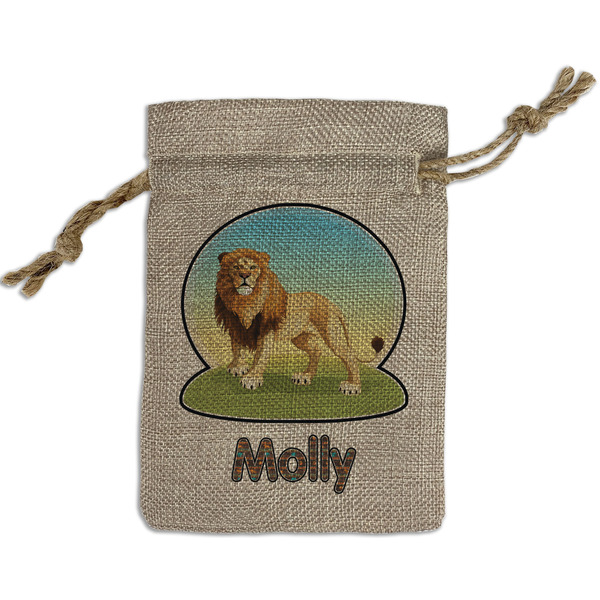 Custom African Lions & Elephants Small Burlap Gift Bag - Front (Personalized)