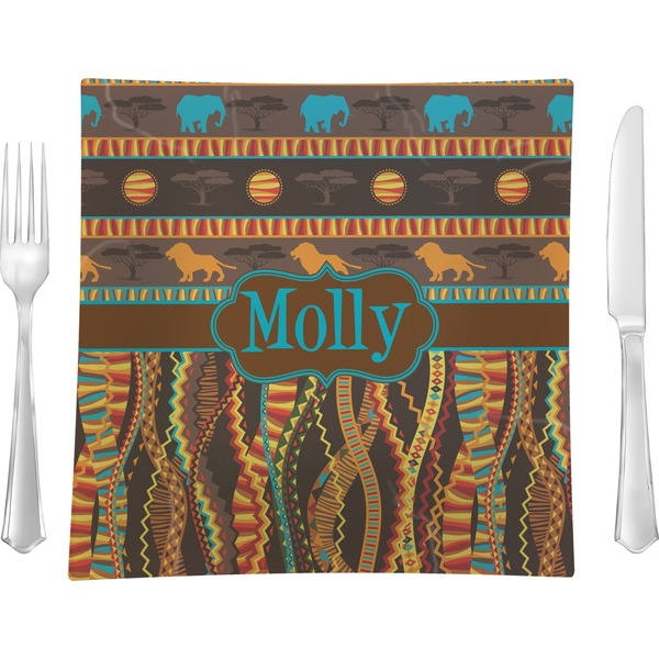 Custom African Lions & Elephants 9.5" Glass Square Lunch / Dinner Plate- Single or Set of 4 (Personalized)