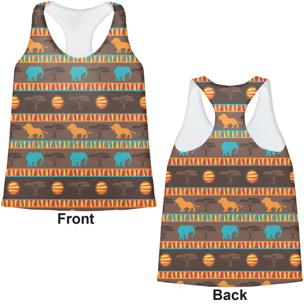 African Lions & Elephants Womens Racerback Tank Tops - Medium - Front and Back