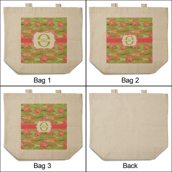 Lily Pads 3 Reusable Cotton Grocery Bags - Front & Back View