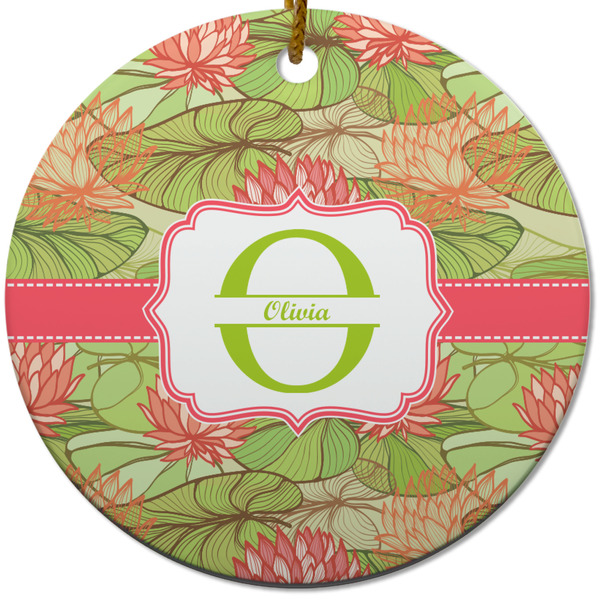 Custom Lily Pads Round Ceramic Ornament w/ Name and Initial