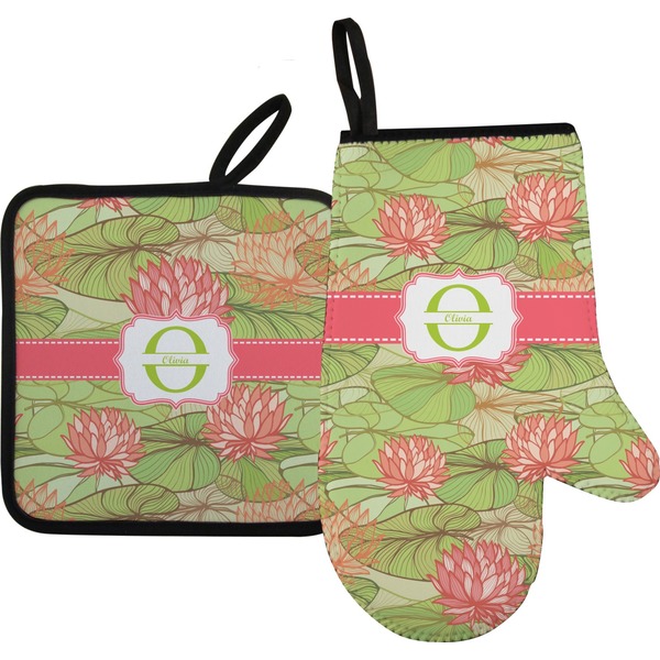 Custom Lily Pads Right Oven Mitt & Pot Holder Set w/ Name and Initial