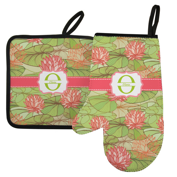 Custom Lily Pads Left Oven Mitt & Pot Holder Set w/ Name and Initial