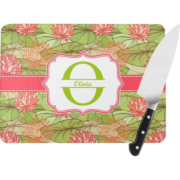 Custom Lily Pads Rectangular Glass Cutting Board - Large - 15.25"x11.25" w/ Name and Initial