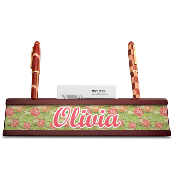 Lily Pads Red Mahogany Nameplates with Business Card Holder - Straight