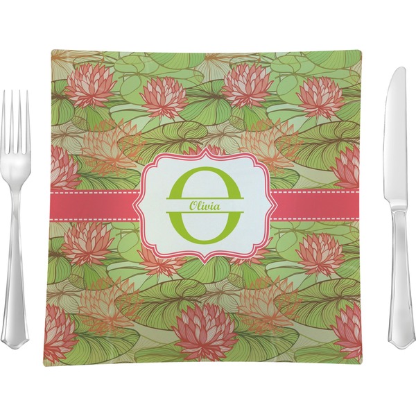 Custom Lily Pads 9.5" Glass Square Lunch / Dinner Plate- Single or Set of 4 (Personalized)
