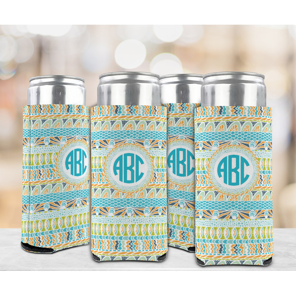 Abstract Teal Stripes 12oz Tall Can Sleeve - Set of 4 - LIFESTYLE