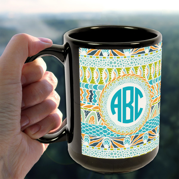 Abstract Teal Stripes 15oz. Black Mug - LIFESTYLE