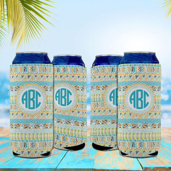 Abstract Teal Stripes 16oz Can Sleeve - Set of 4 - LIFESTYLE