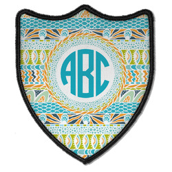 Abstract Teal Stripes Iron On Shield Patch B w/ Monogram