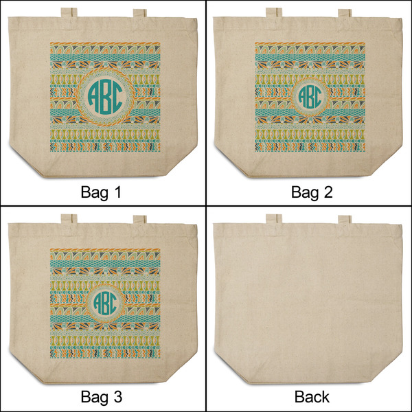 Abstract Teal Stripes 3 Reusable Cotton Grocery Bags - Front & Back View
