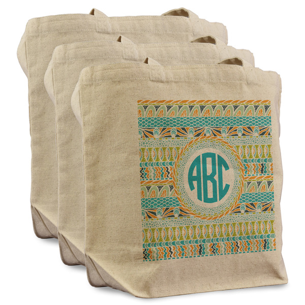 Custom Abstract Teal Stripes Reusable Cotton Grocery Bags - Set of 3 (Personalized)