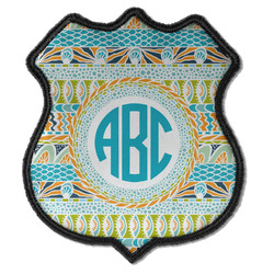 Abstract Teal Stripes Iron On Shield Patch C w/ Monogram