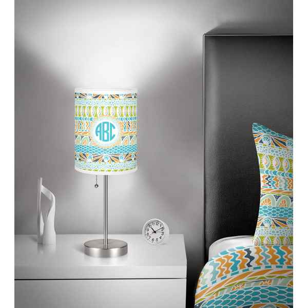 Abstract Teal Stripes 7 inch drum lamp shade - in room