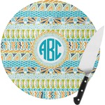 Abstract Teal Stripes Round Glass Cutting Board - Small (Personalized)